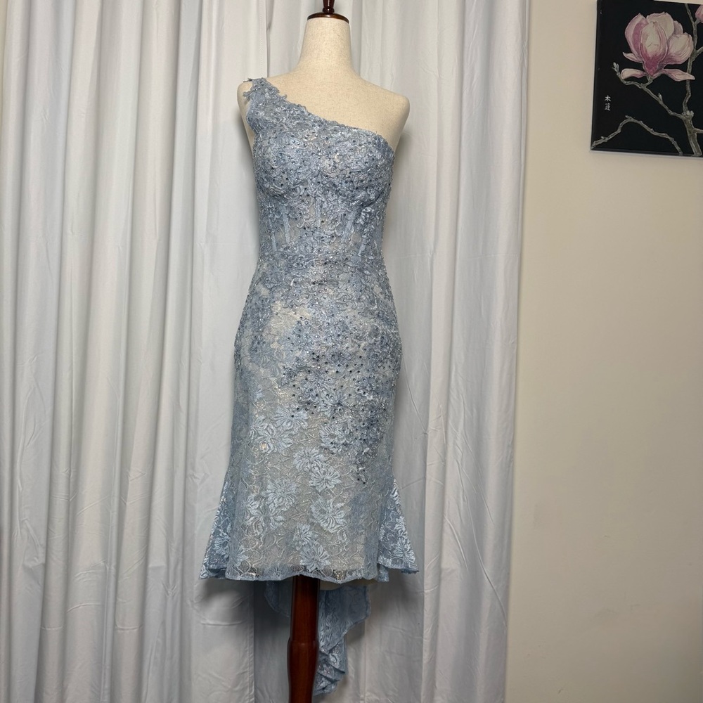 Mac Duggal One Shoulder Lace Beaded Dress Blue Corset Formal Prom Size 4 - Picture 3 of 16
